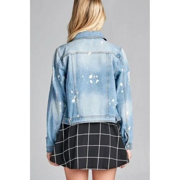 Light Blue Denim Bleach Spot Distressed Jacket - Picture 4 of 6